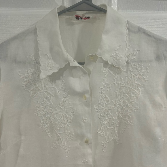 Vintage Hand Embroidered 100% Linen Button Down Short Sleeve Shirt Ivory White - Picture 3 of 11
